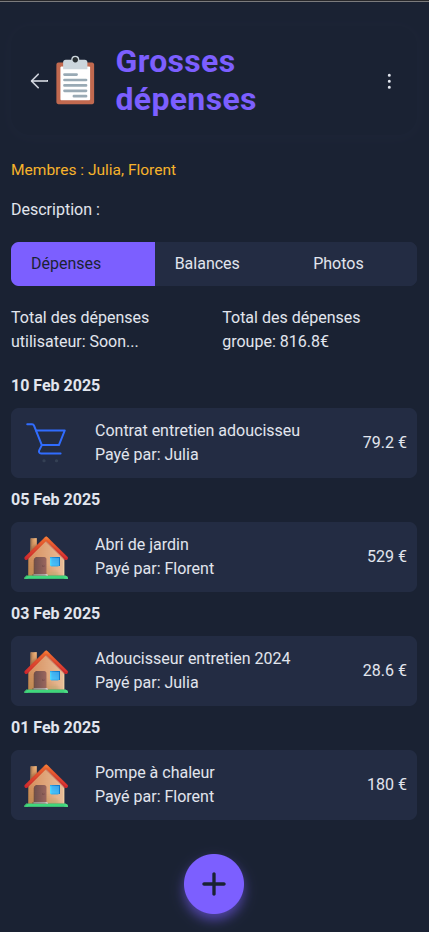Vue d'un groupe de dépense