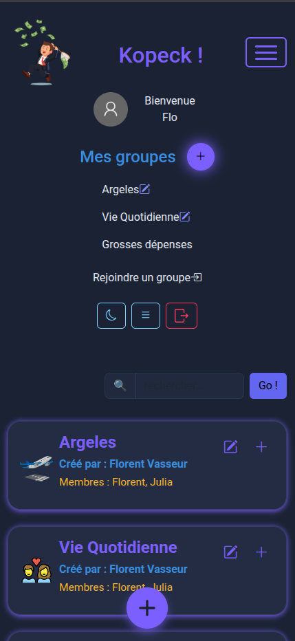 Vue page d'accueil avec menu déplié
