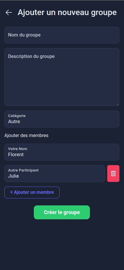 Vue création d'un groupe